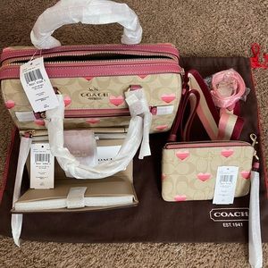 Coach Beige and Heart Purse with Matching Wallet And Mid-Size Coin Purse